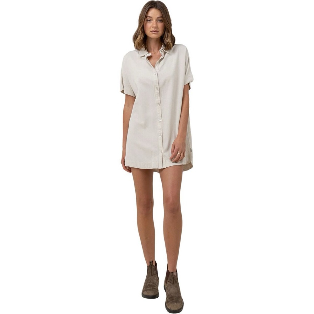 Rhythm Linen Blend Shirt Dress Beige Button Front Mini Dress XL